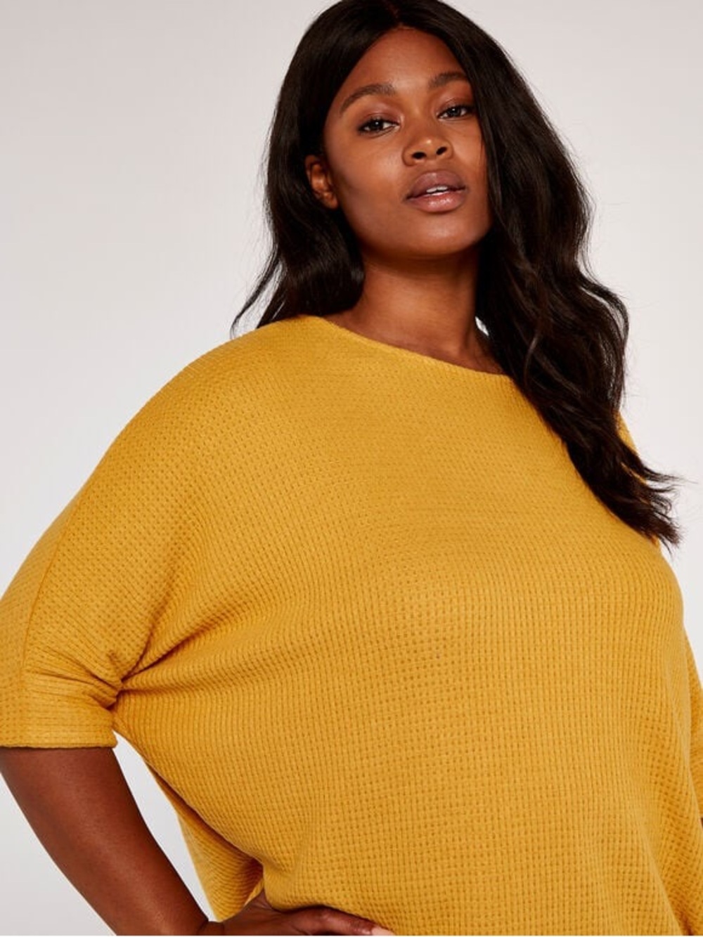 Boutique Plus Waffle-Knit Dolman Sleeve Top - Mustard